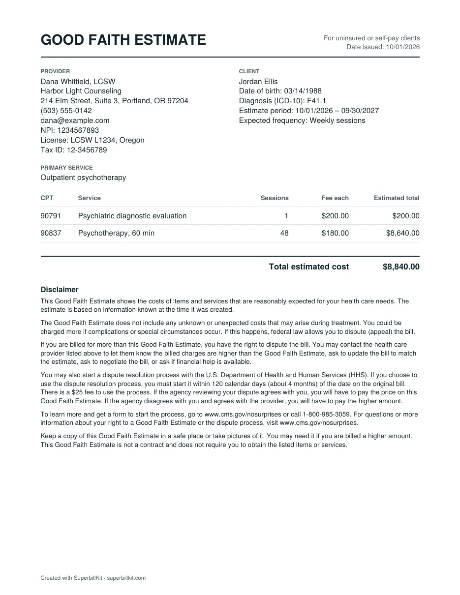 Example Good Faith Estimate: intake 90791 at $200 plus 48 sessions of 90837 at $180, total estimated cost $8,840 for October 2026 to September 2027, with No Surprises Act disclaimers.
